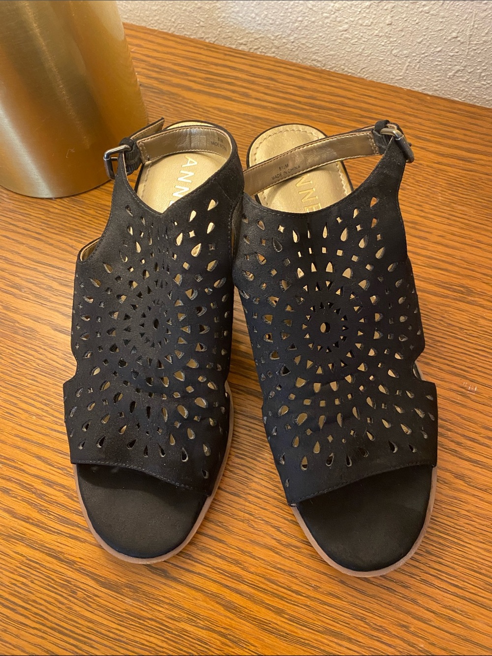 Anne Klein Black Suede Laser-Cut Peep-Toe Sandals